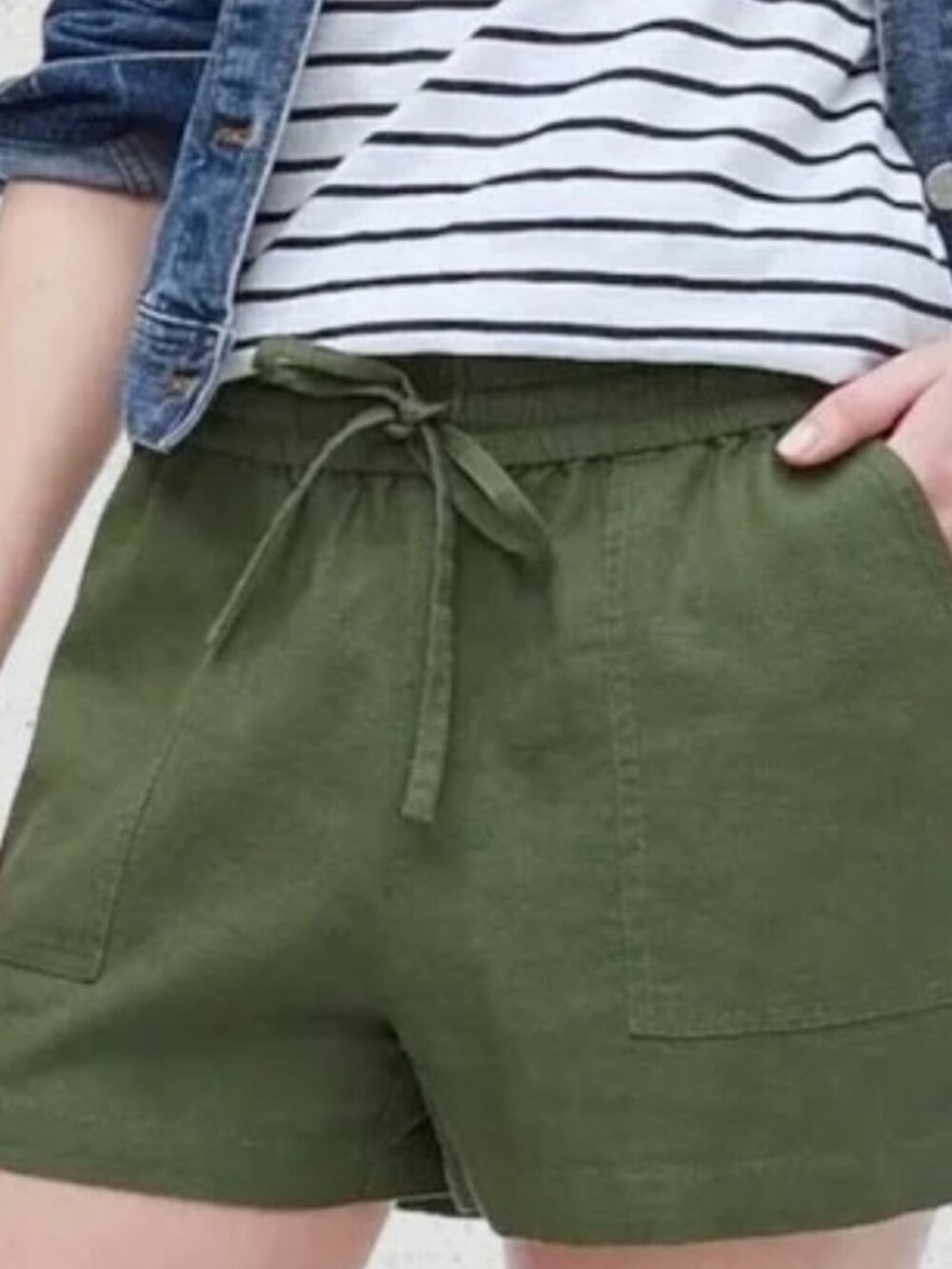 Share J.Crew Womens Olive Green Linen Viscose Blend Pull On Drawstring Shorts Si